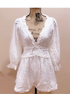 White Eyelet Lace V-Neck Romper with Ruffle Trim - Women rompers